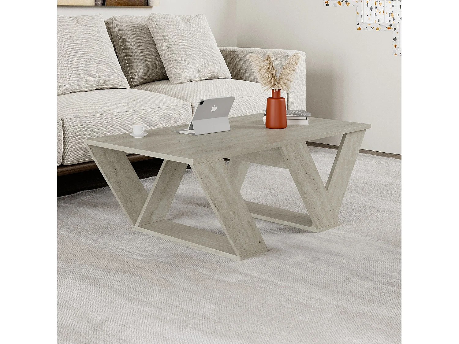 Table basse design Sona L110cm Effet travertin beige