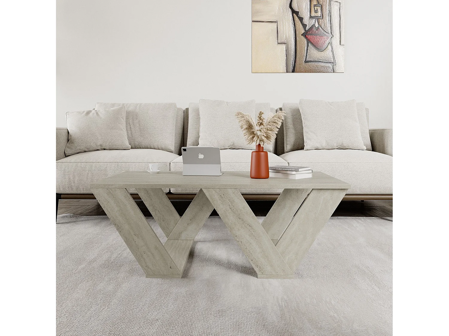 Table basse design Sona L110cm Effet travertin beige