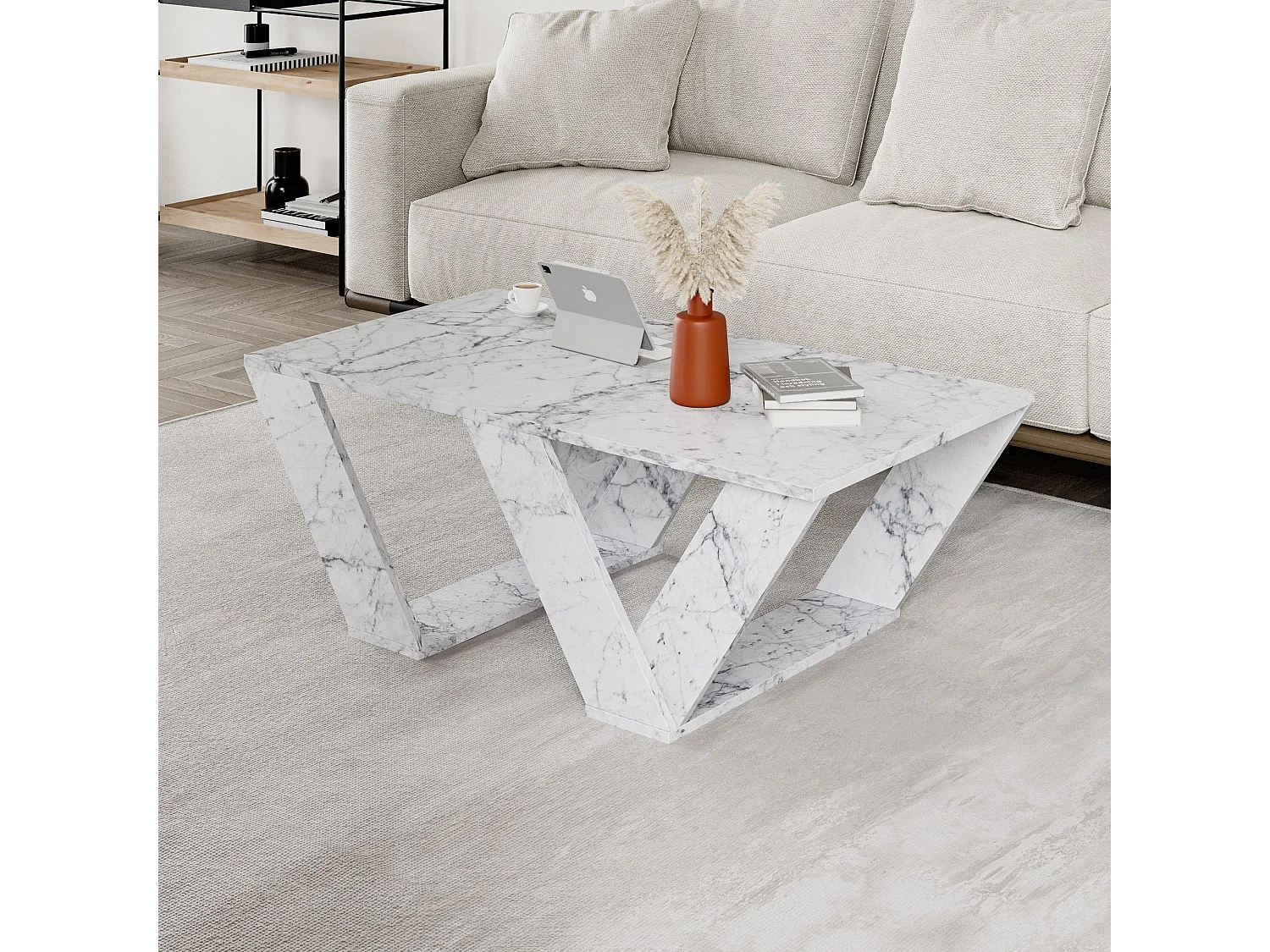 Table basse design Sona L110cm Effet marbre blanc