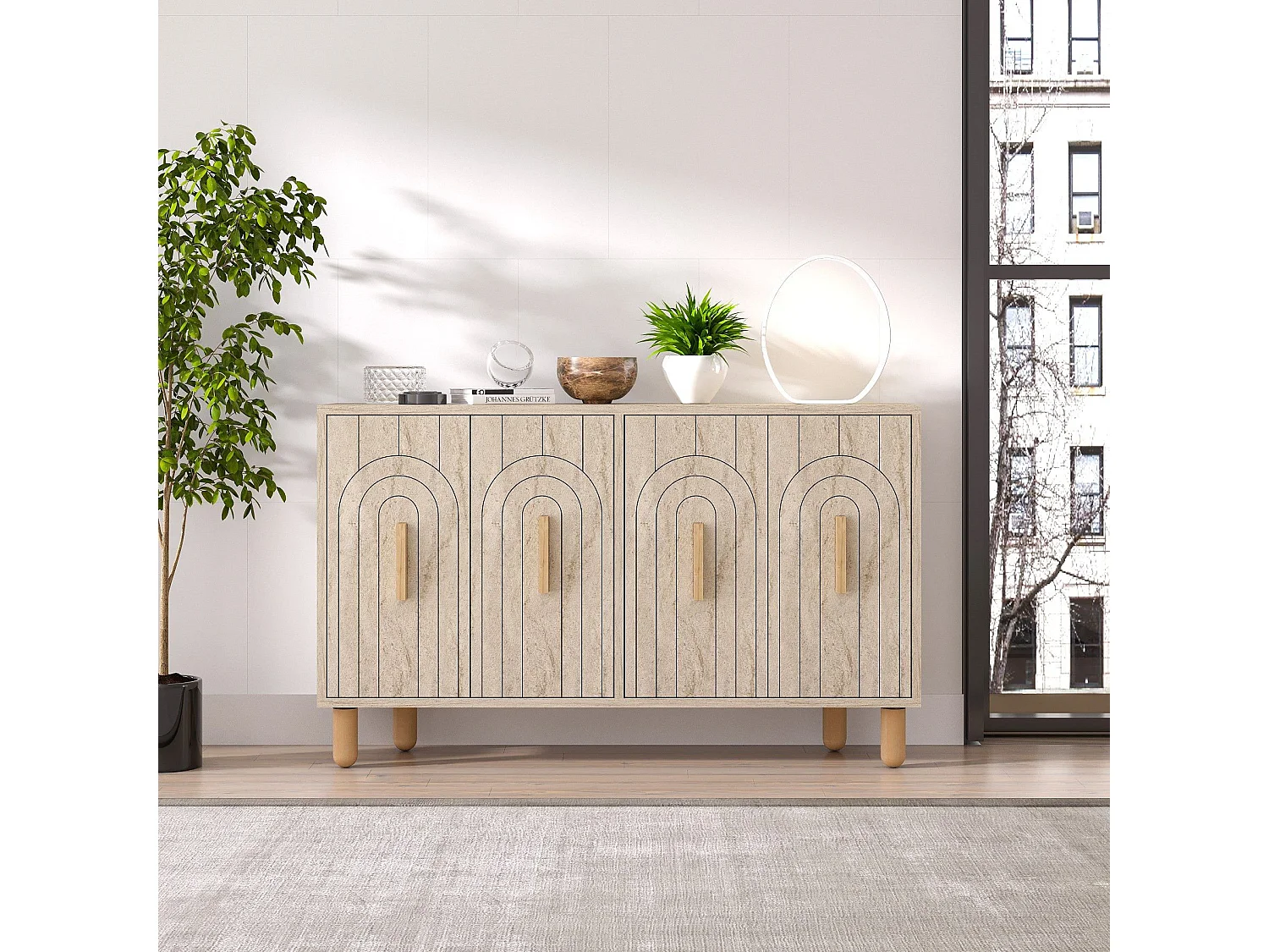 Buffet design 4 portes battantes Stivi L120cm Effet travertin beige