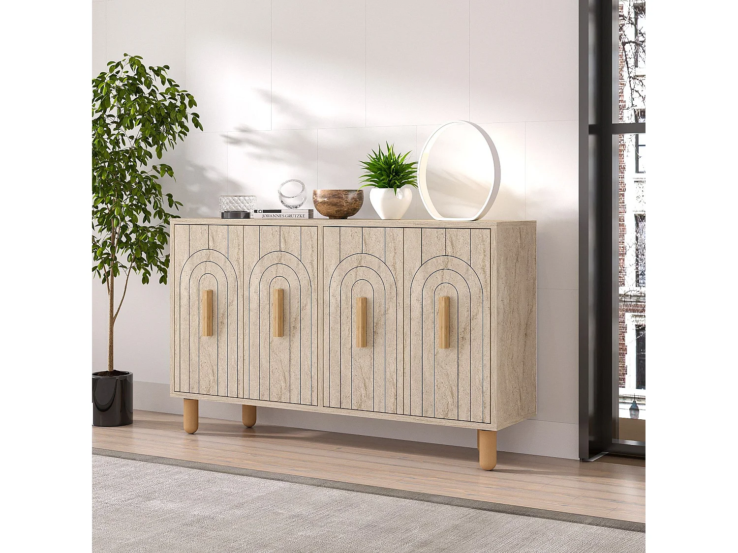 Buffet design 4 portes battantes Stivi L120cm Effet travertin beige