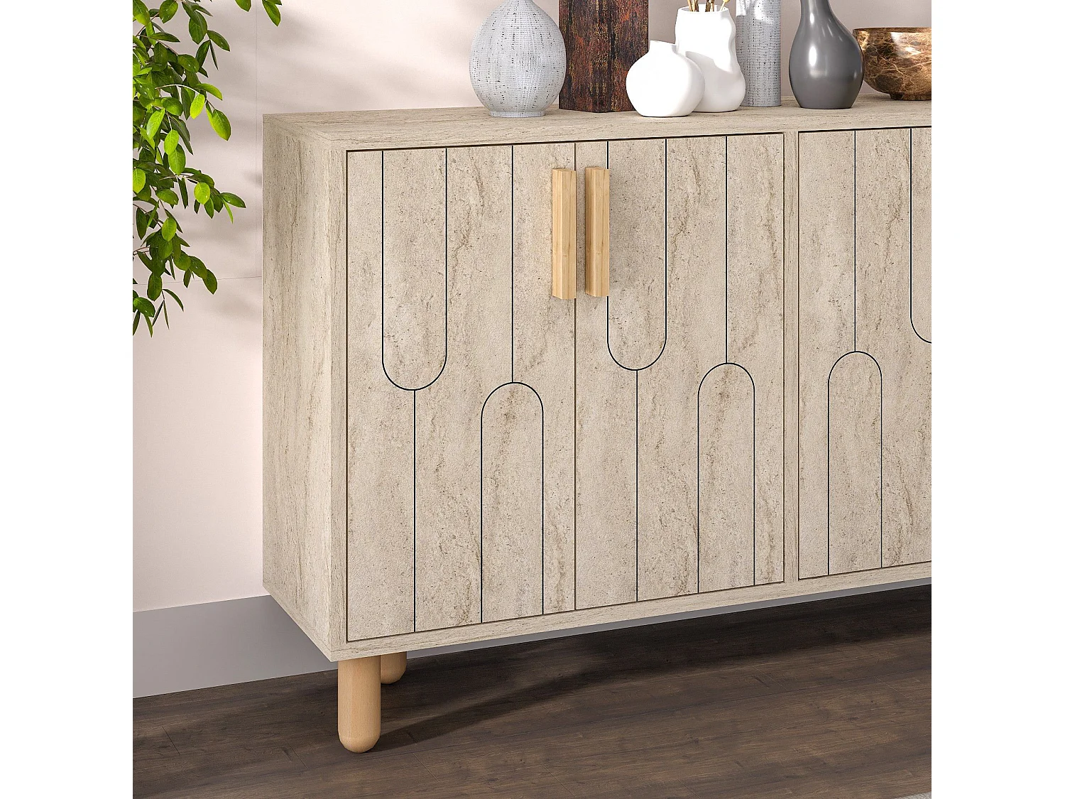 Buffet design 4 portes battantes Serka L120cm Effet travertin beige