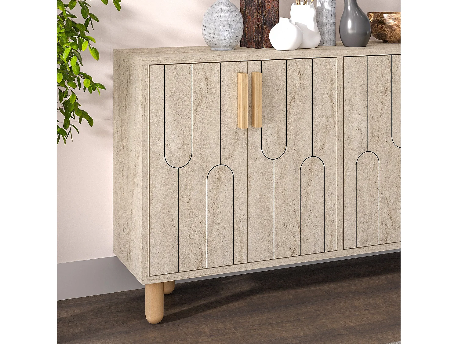 Buffet design 4 portes battantes Serka L120cm Effet travertin beige