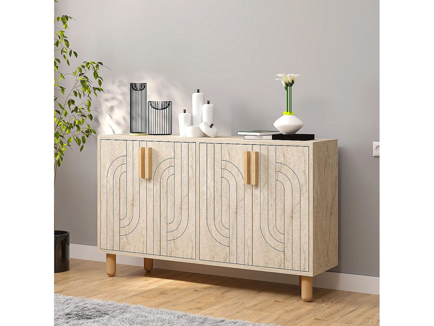 Buffet design 4 portes battantes Cerka L120cm Effet travertin beige
