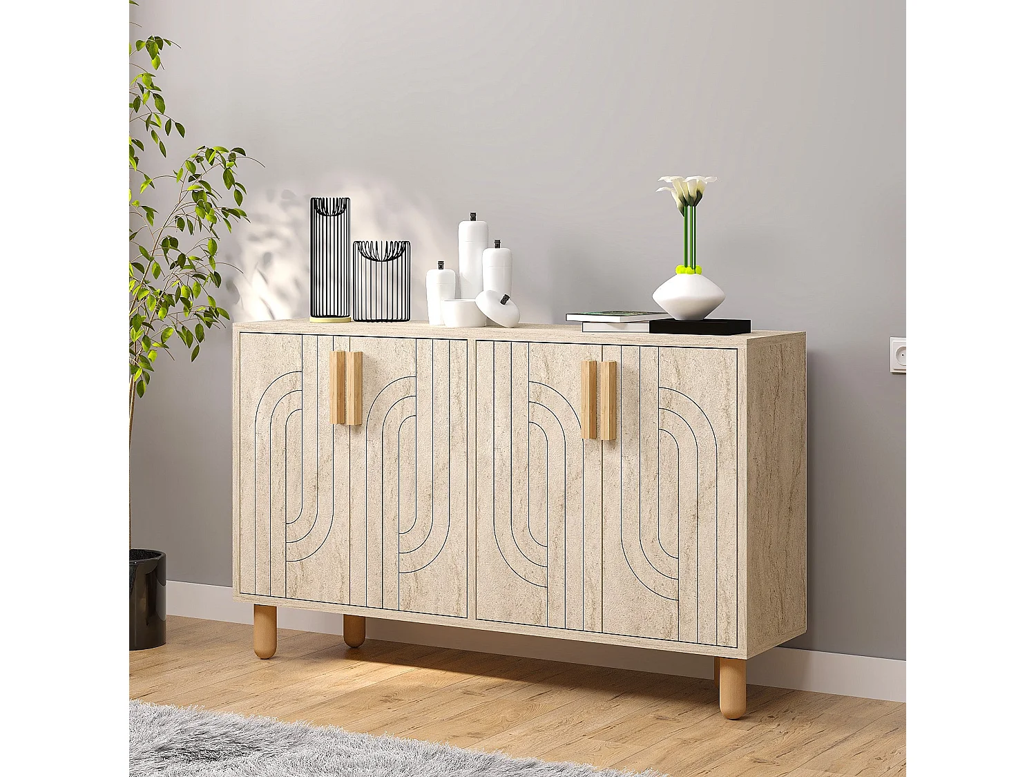 Buffet design 4 portes battantes Cerka L120cm Effet travertin beige