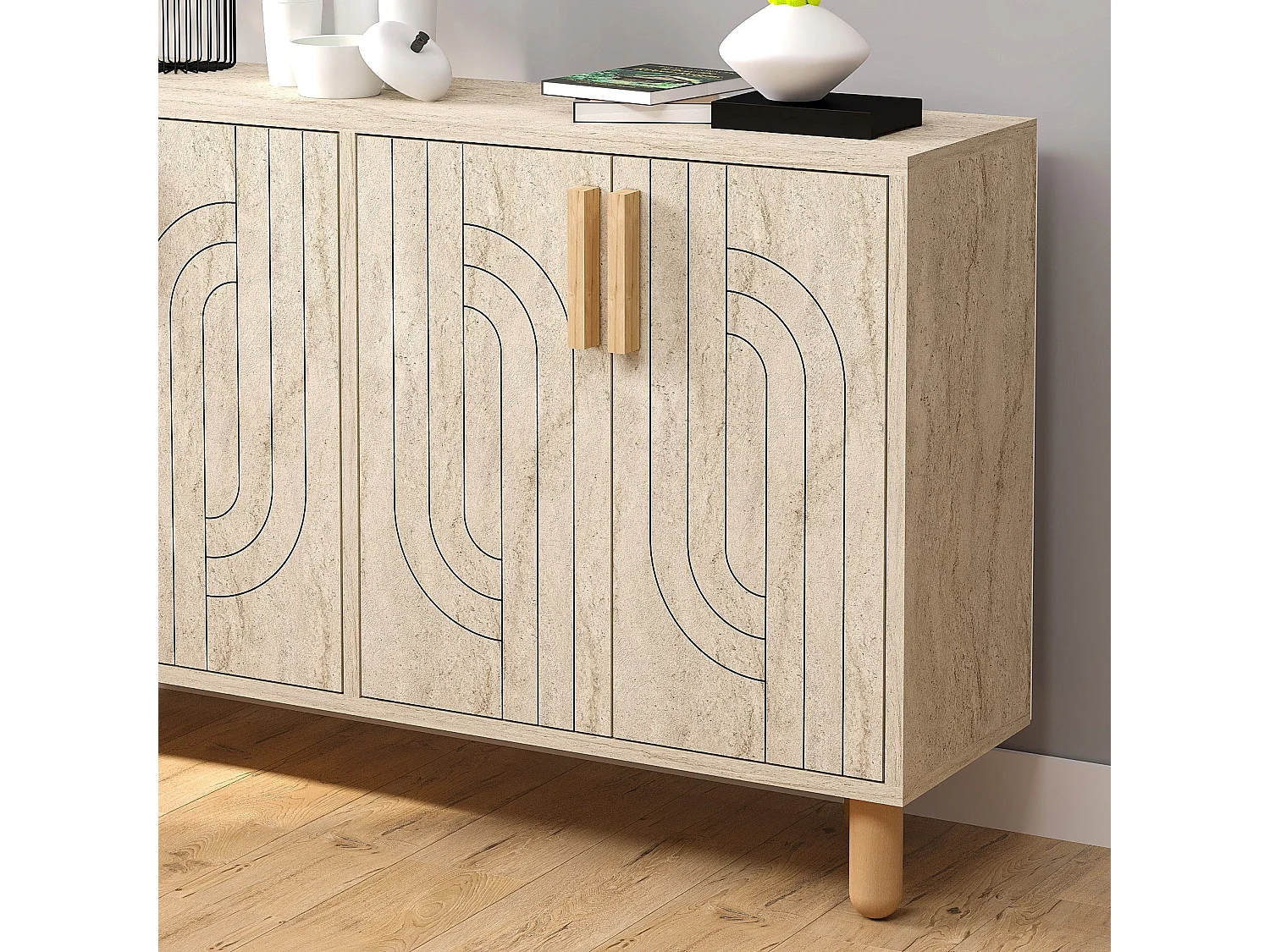 Buffet design 4 portes battantes Cerka L120cm Effet travertin beige