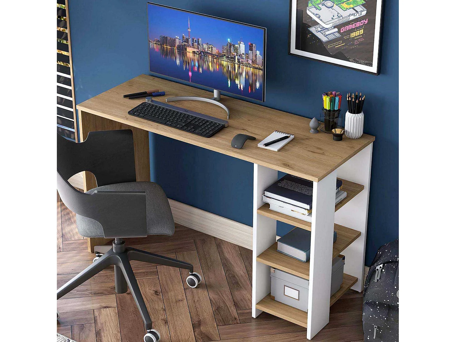 Platzsparender Schreibtisch mit Regalen für das Arbeitszimmer Opal