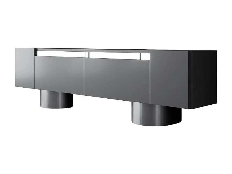 Meuble Tv design 2 portes basculantes Merna L180cm Bois Anthracite et Métal Argent