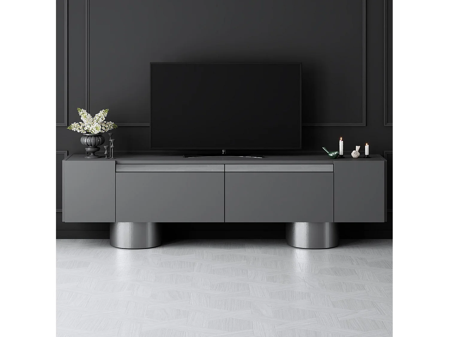 Meuble Tv design 2 portes basculantes Merna L180cm Bois Anthracite et Métal Argent