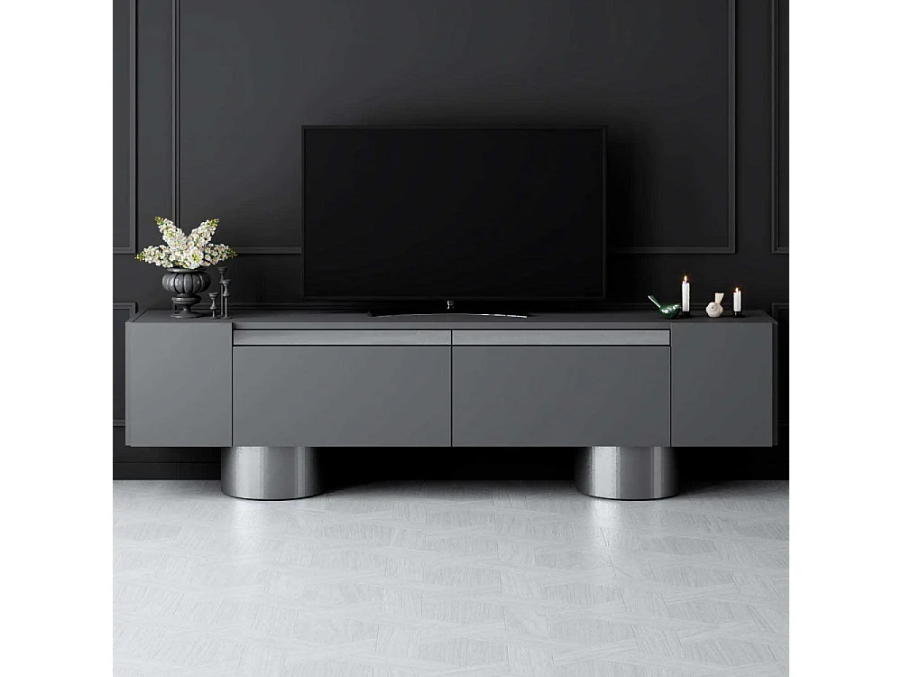 Meuble Tv design 2 portes basculantes Merna L180cm Bois Anthracite et Métal Argent