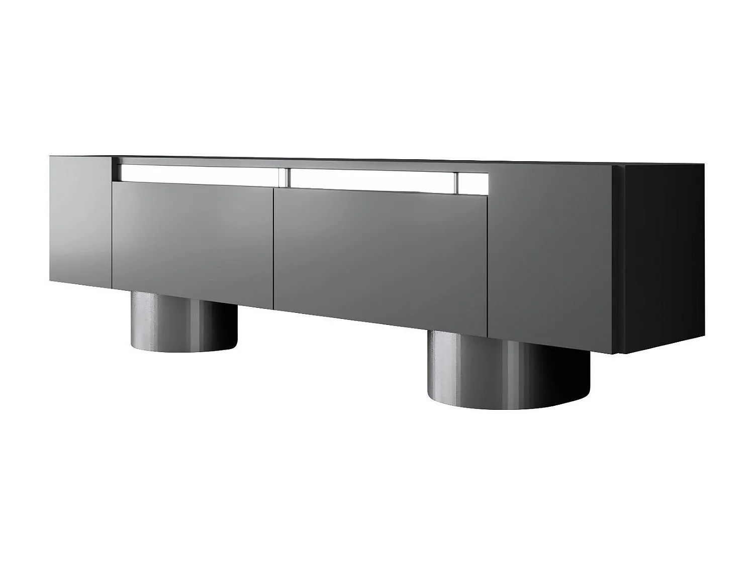 Meuble Tv design 2 portes basculantes Merna L180cm Bois Anthracite et Métal Argent