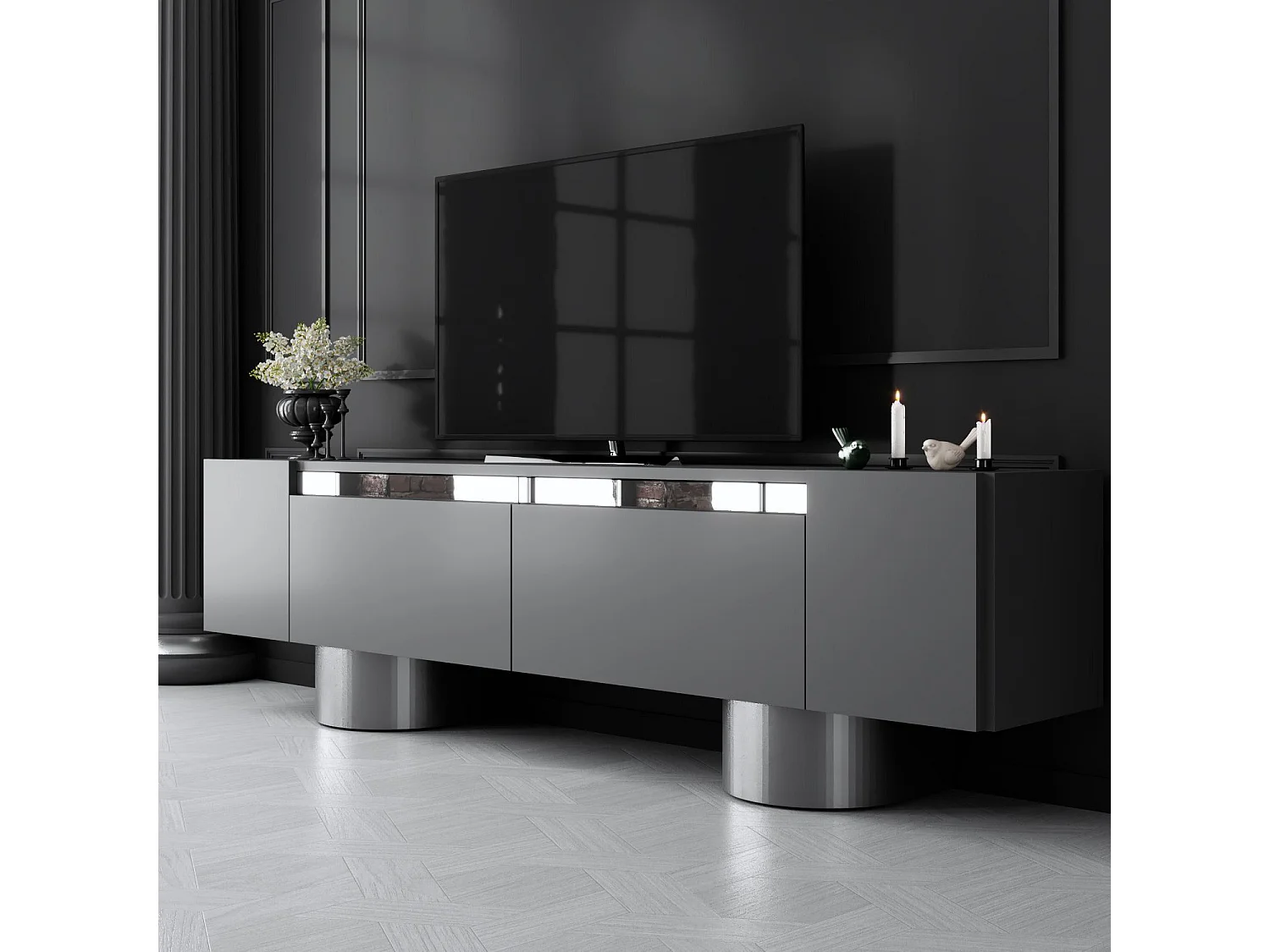 Meuble Tv design 2 portes basculantes Merna L180cm Bois Anthracite et Métal Argent