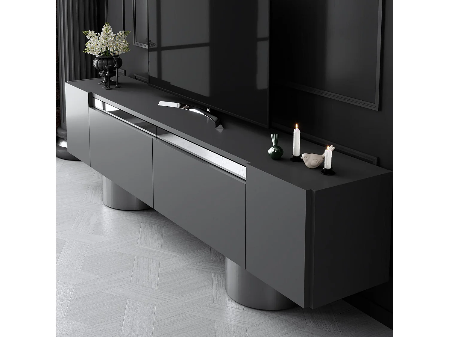 Meuble Tv design 2 portes basculantes Merna L180cm Bois Anthracite et Métal Argent