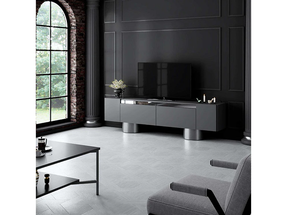 Meuble Tv design 2 portes basculantes Merna L180cm Bois Anthracite et Métal Argent