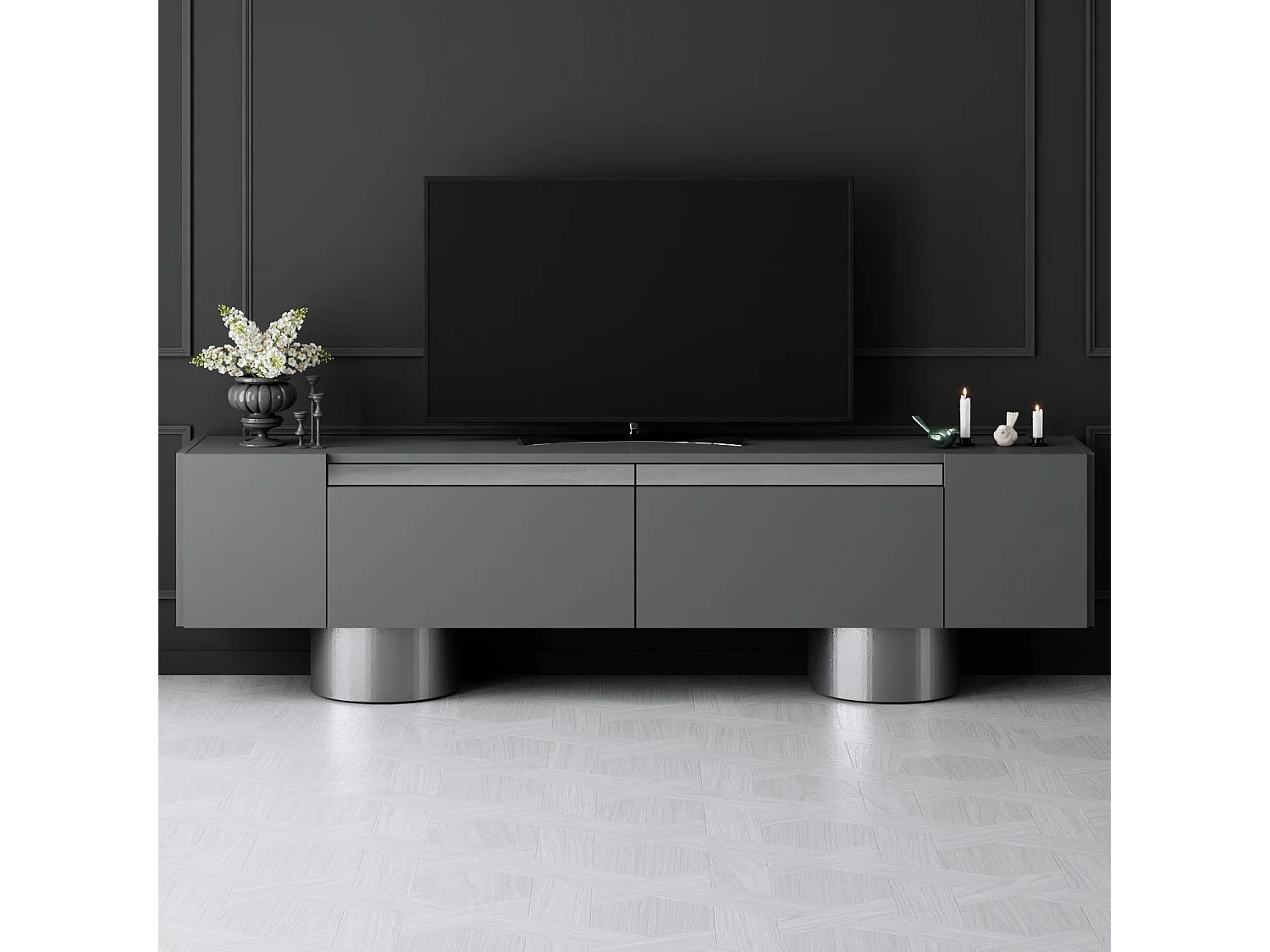 Meuble Tv design 2 portes basculantes Merna L180cm Bois Anthracite et Métal Argent