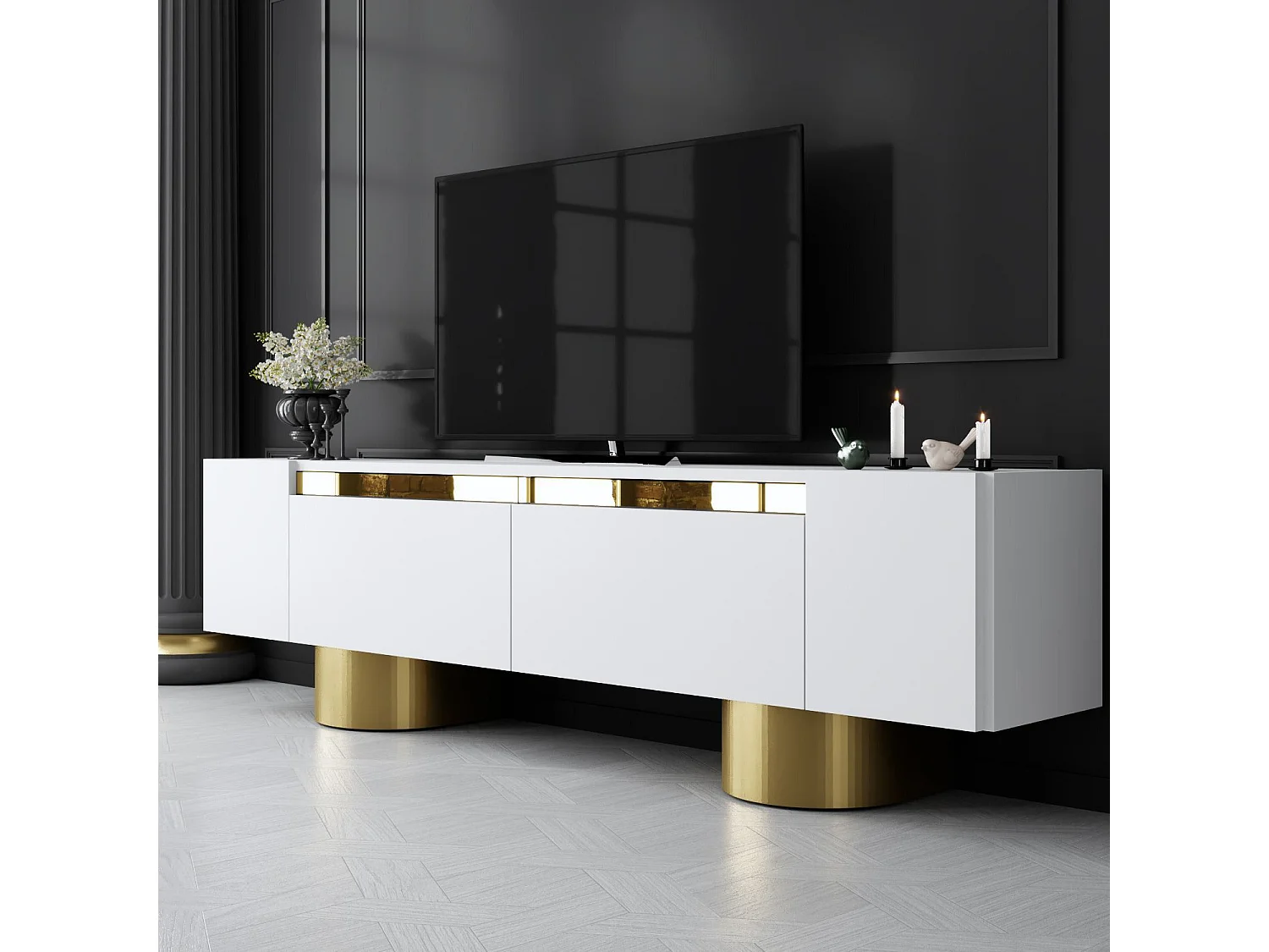 Meuble Tv design 2 portes basculantes Merna L180cm Bois Blanc et Métal Or