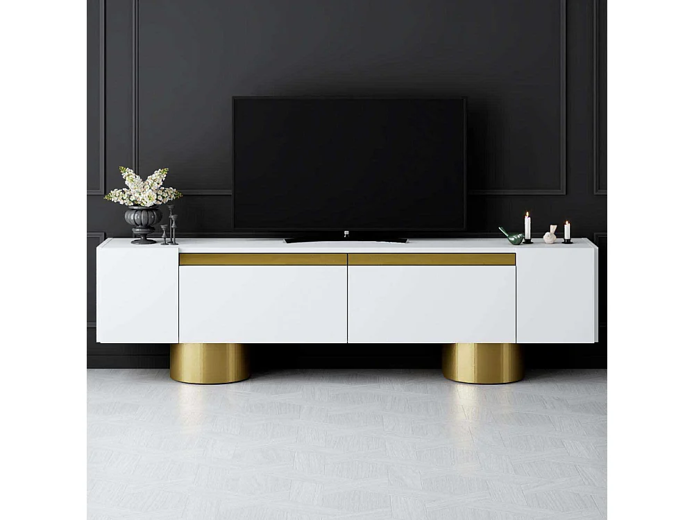 Meuble Tv design 2 portes basculantes Merna L180cm Bois Blanc et Métal Or