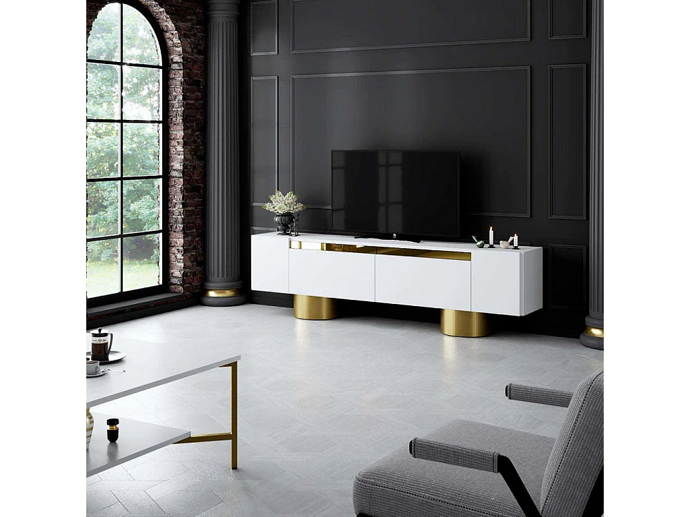 Meuble Tv design 2 portes basculantes Merna L180cm Bois Blanc et Métal Or