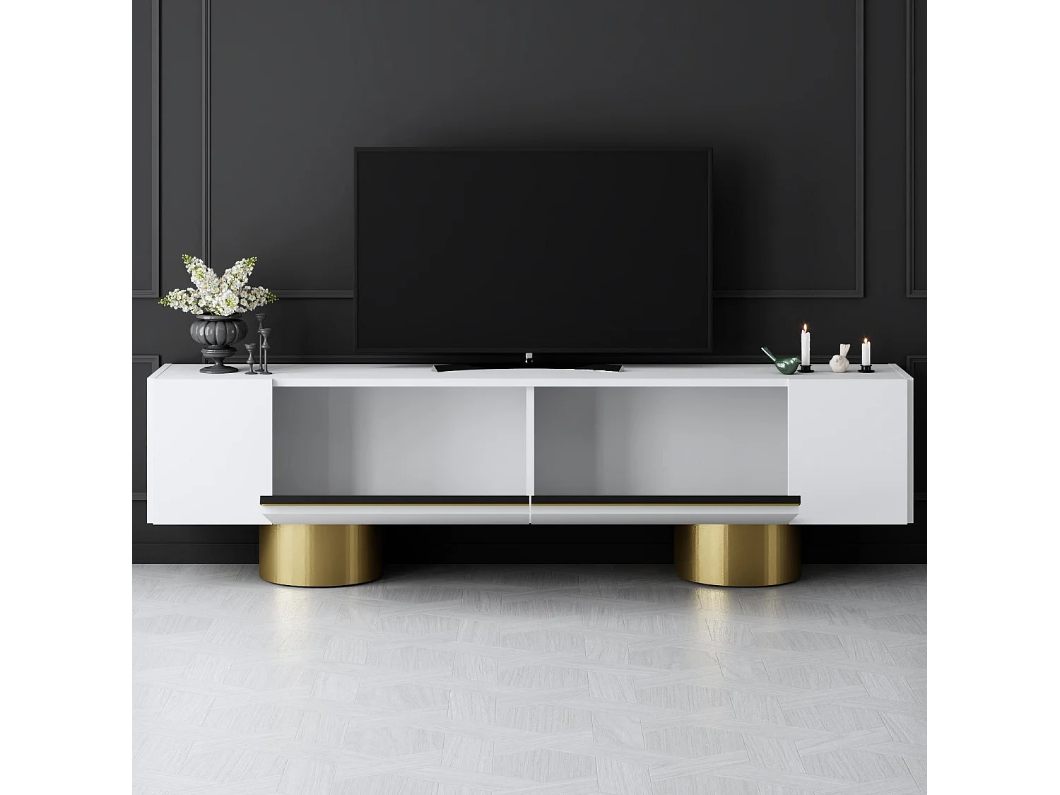 Mueble de TV – 180 x 50 x 30 cm – Blanco y Dorado – Tablero aglomerado revestido de melamina