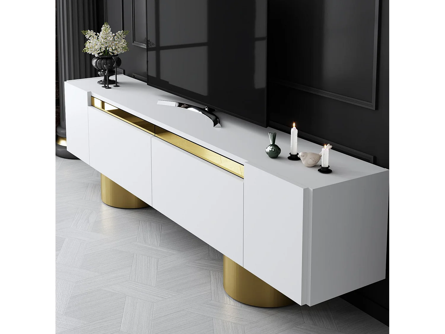 Mueble de TV – 180 x 50 x 30 cm – Blanco y Dorado – Tablero aglomerado revestido de melamina