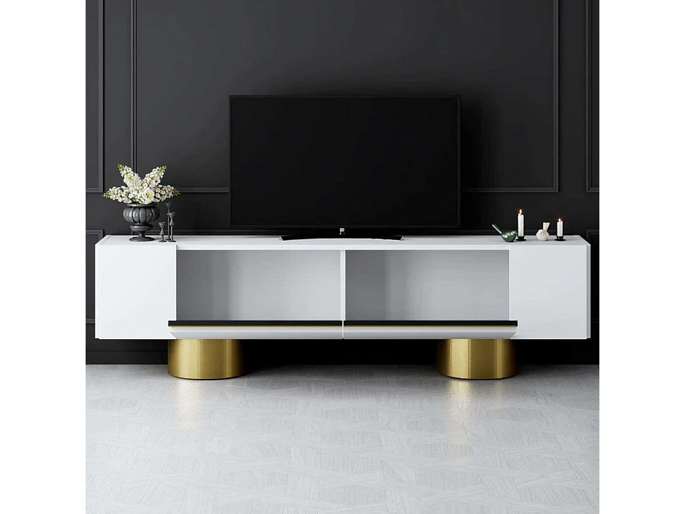 Mueble de TV – 180 x 50 x 30 cm – Blanco y Dorado – Tablero aglomerado revestido de melamina