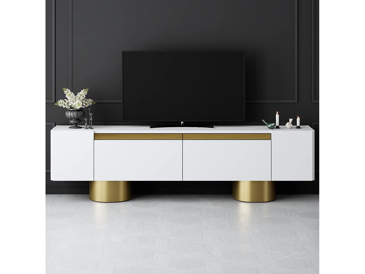 Meuble Tv design 2 portes basculantes Merna L180cm Bois Blanc et Métal Or