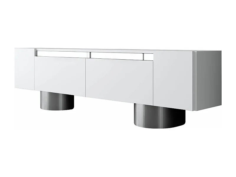 Meuble Tv design 2 portes basculantes Merna L180cm Bois Blanc et Métal Argent