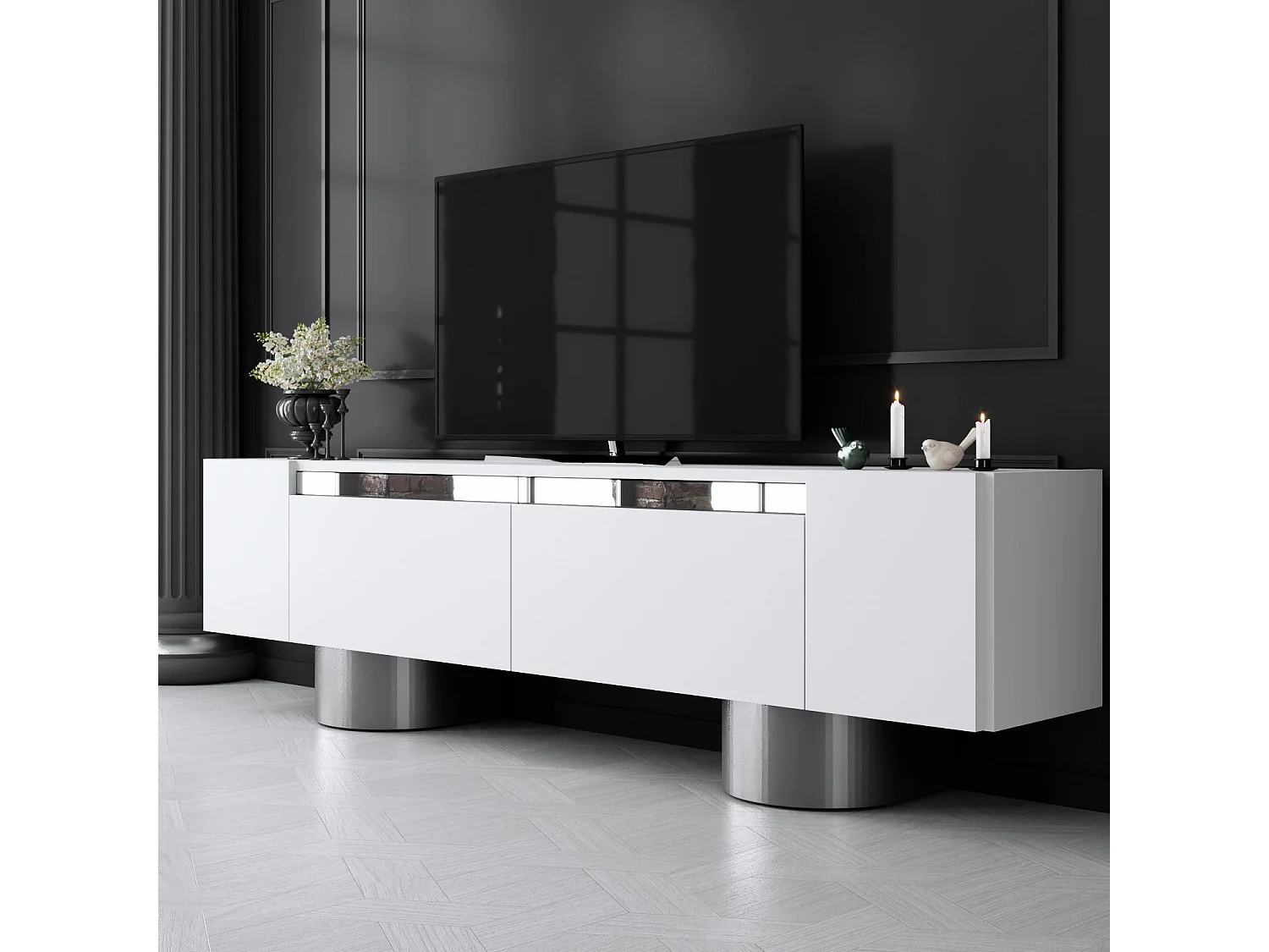 Meuble Tv design 2 portes basculantes Merna L180cm Bois Blanc et Métal Argent