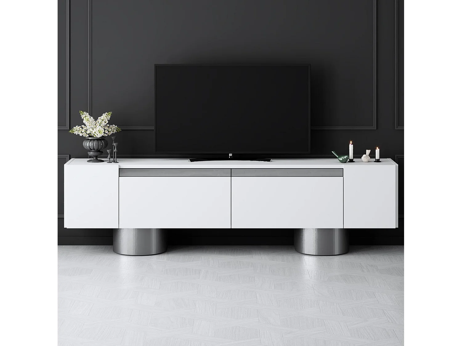 Meuble Tv design 2 portes basculantes Merna L180cm Bois Blanc et Métal Argent