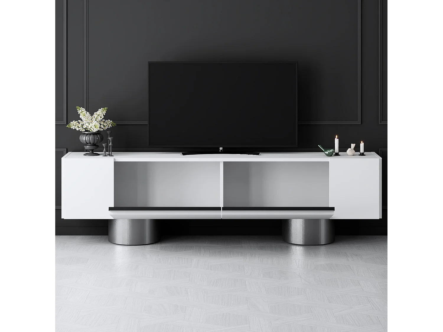 Meuble Tv design 2 portes basculantes Merna L180cm Bois Blanc et Métal Argent