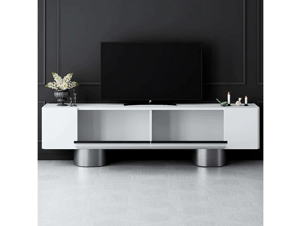 Meuble Tv design 2 portes basculantes Merna L180cm Bois Blanc et Métal Argent