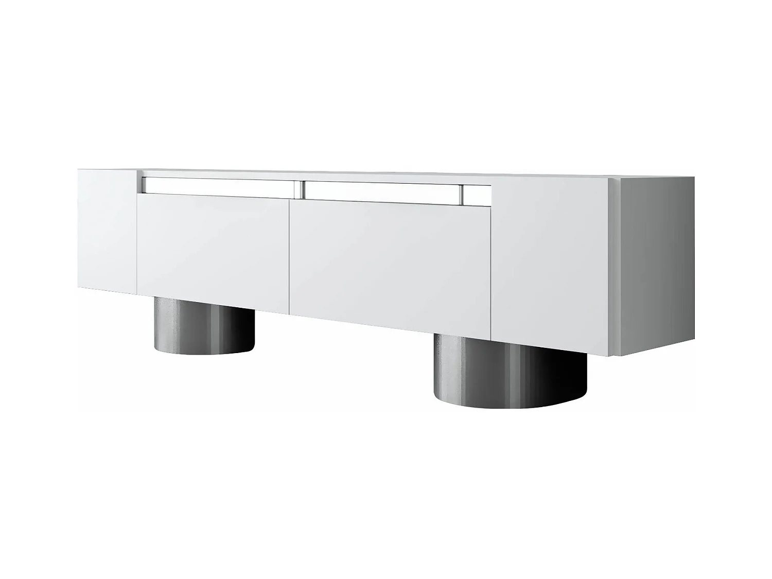 Meuble Tv design 2 portes basculantes Merna L180cm Bois Blanc et Métal Argent