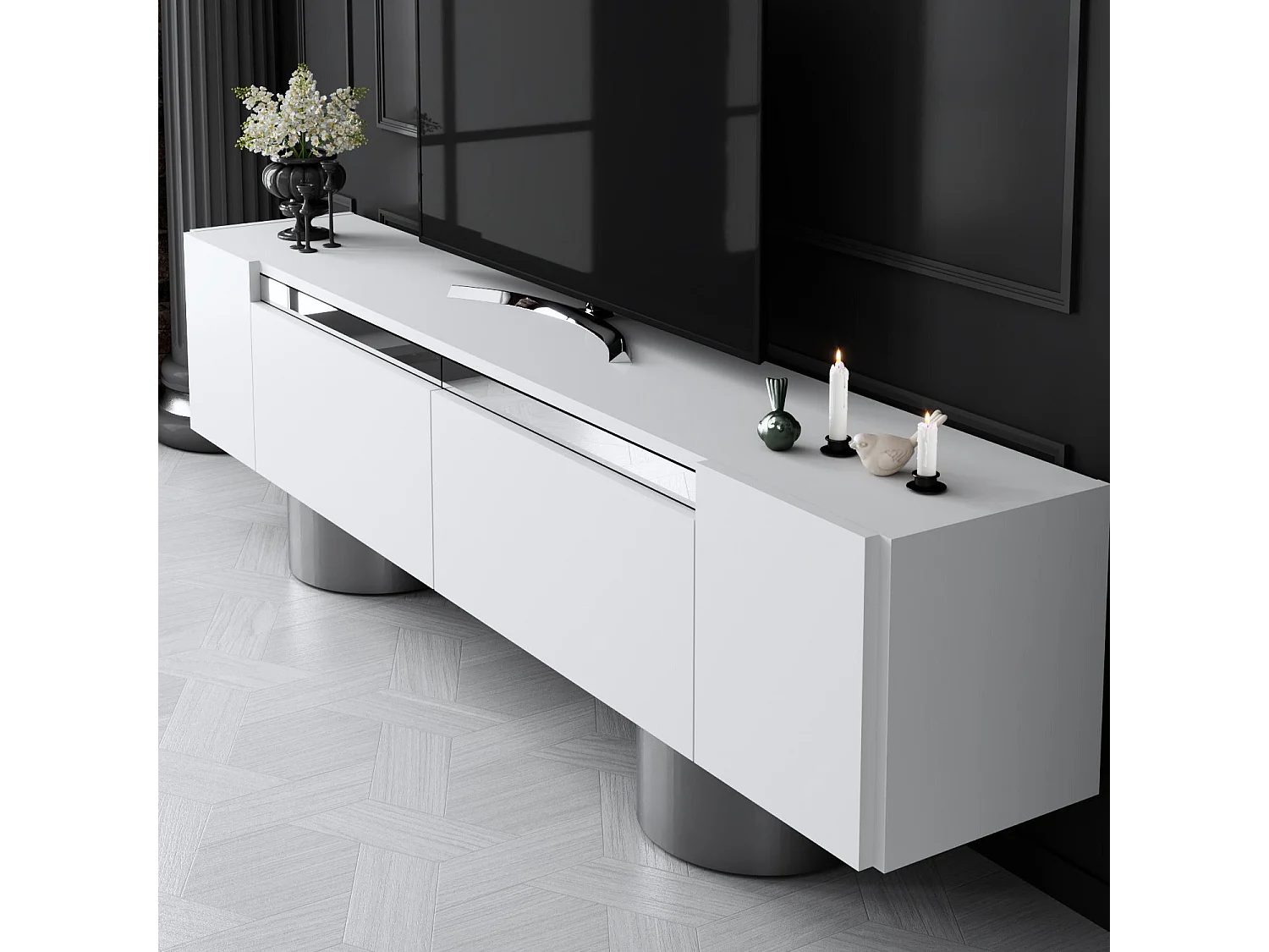 TV-meubel – 180 x 50 x 30 cm – Wit en zilver – MDF