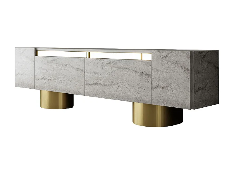 Meuble Tv design 2 portes basculantes Merna L180cm Bois Effet travertin beige et Métal Or