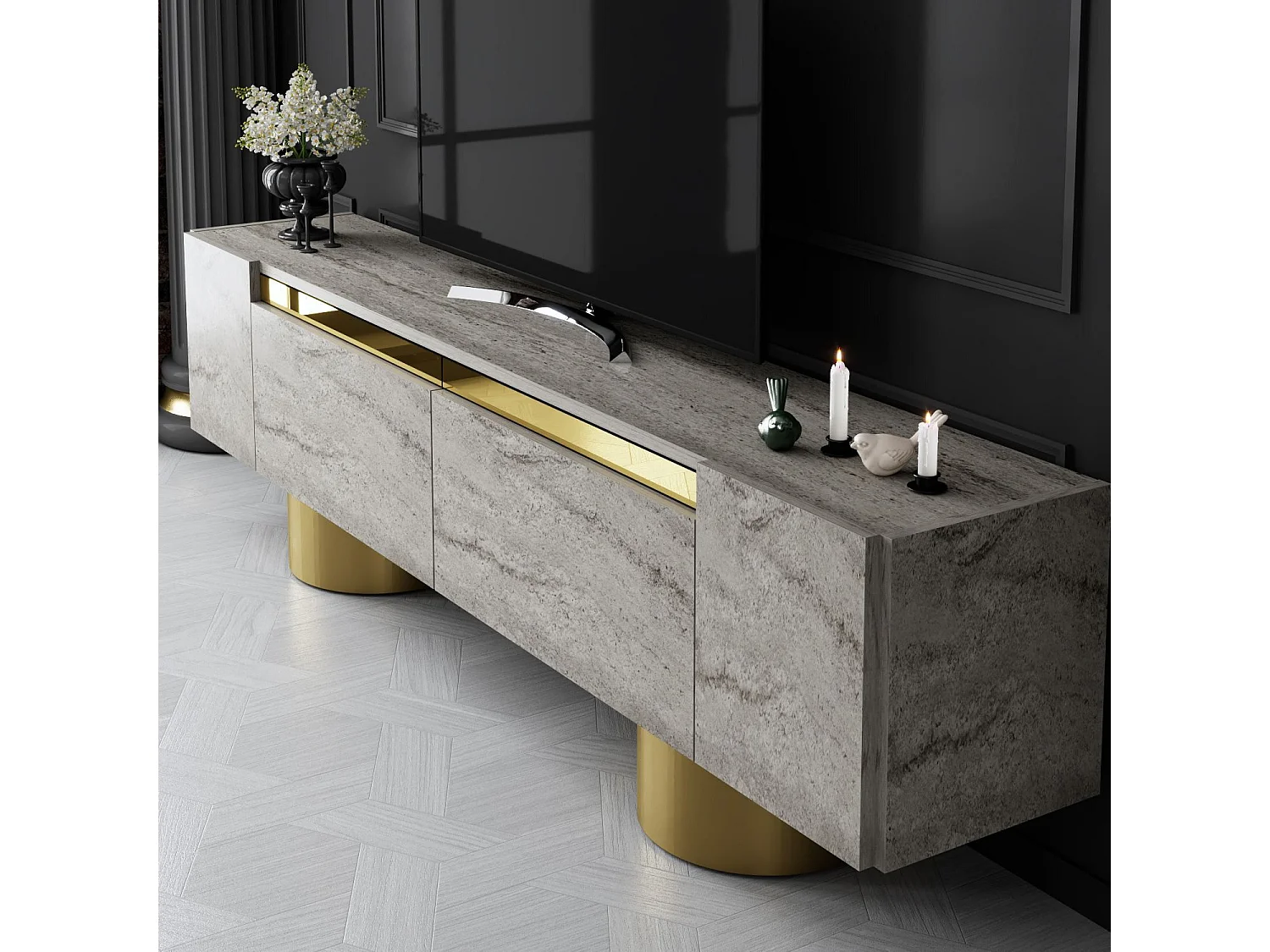 Meuble Tv design 2 portes basculantes Merna L180cm Bois Effet travertin beige et Métal Or