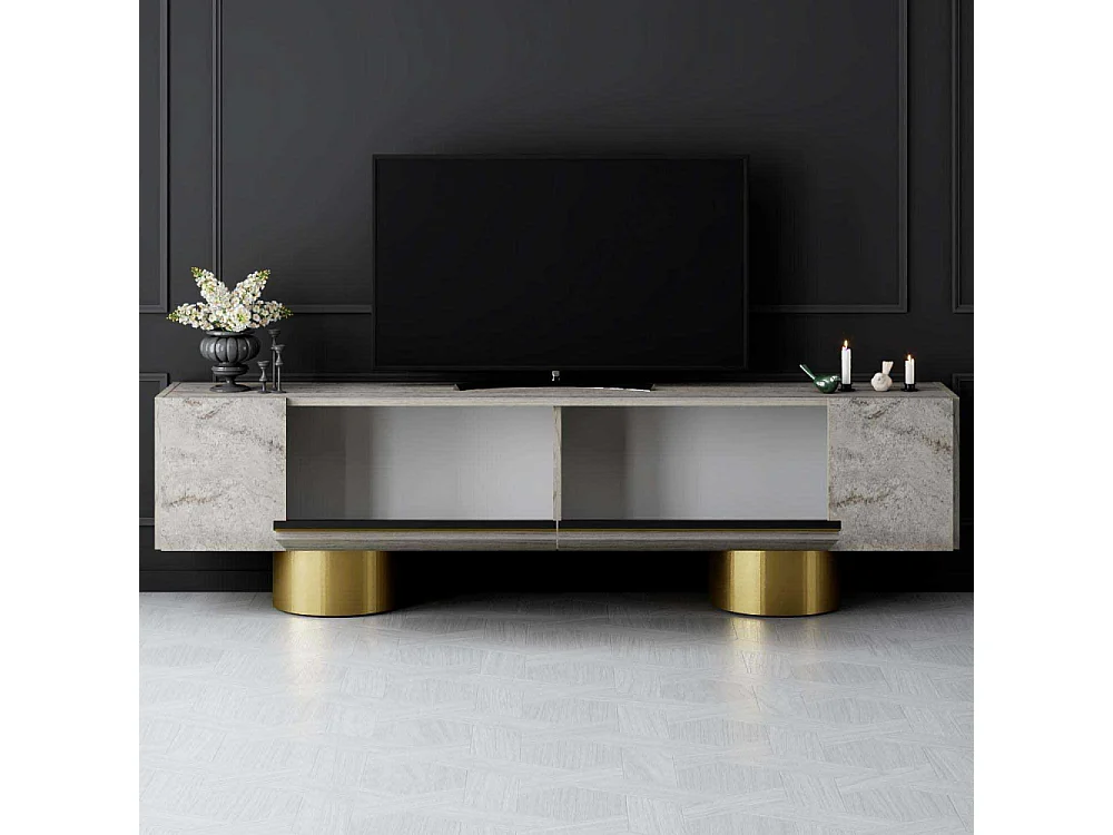 Meuble Tv design 2 portes basculantes Merna L180cm Bois Effet travertin beige et Métal Or