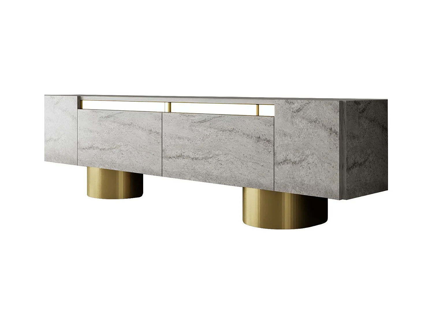 Meuble Tv design 2 portes basculantes Merna L180cm Bois Effet travertin beige et Métal Or