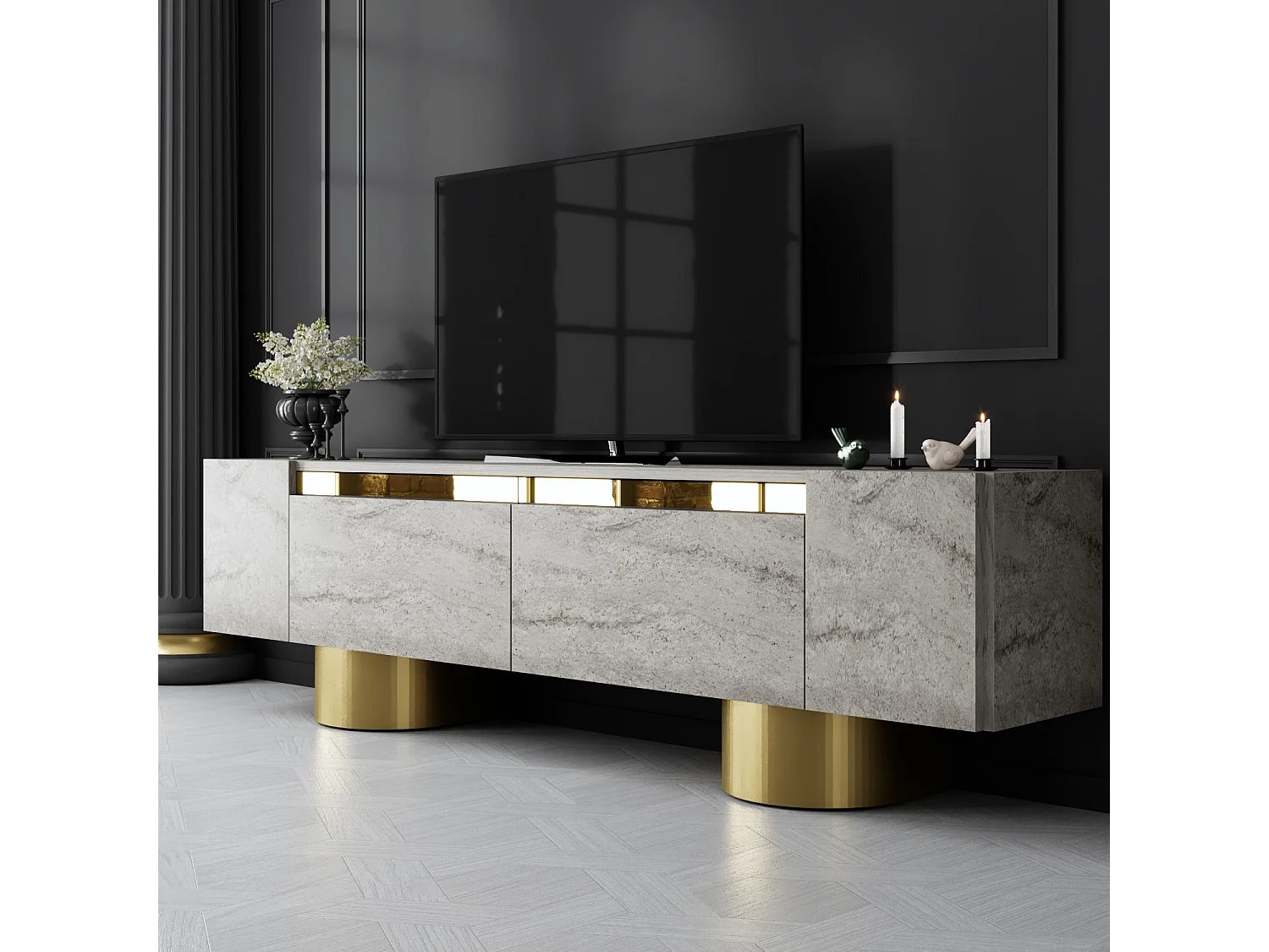 Móvel de TV – 180 cm de largura – Travertino e Ouro – MDF revestido de melamina