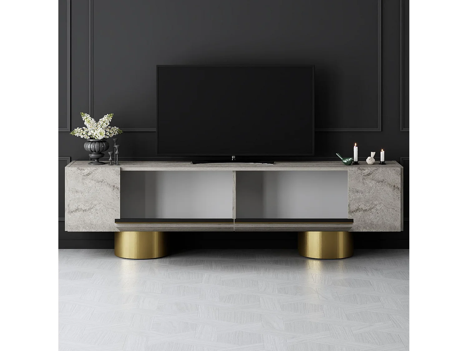 Móvel de TV – 180 cm de largura – Travertino e Ouro – MDF revestido de melamina