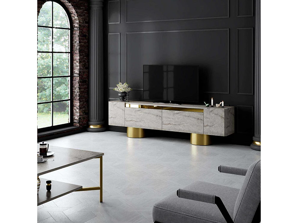 Móvel de TV – 180 cm de largura – Travertino e Ouro – MDF revestido de melamina