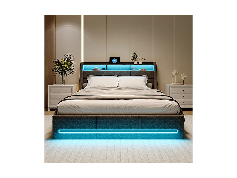 Cama tapizada de 160 x 200 cm con cargador de barra de gas europea e iluminación LED, gris, lino