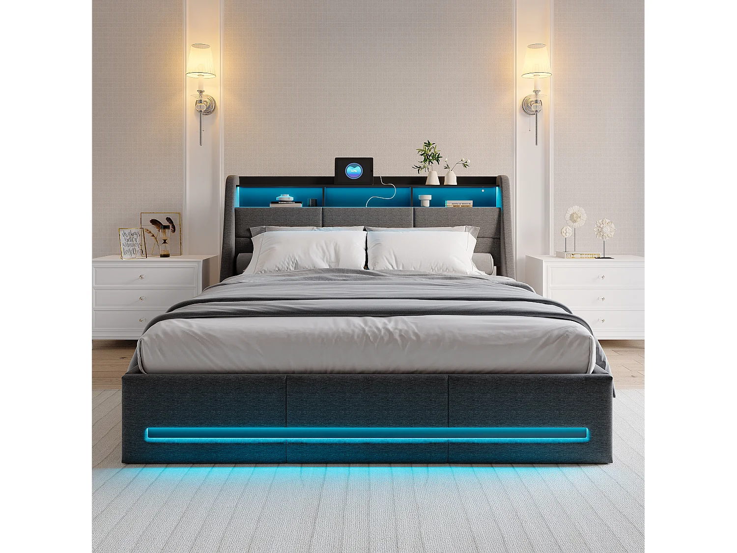 Cama tapizada de 160*200 cm con cargador Euro Gas Bar e iluminación LED, gris, lino