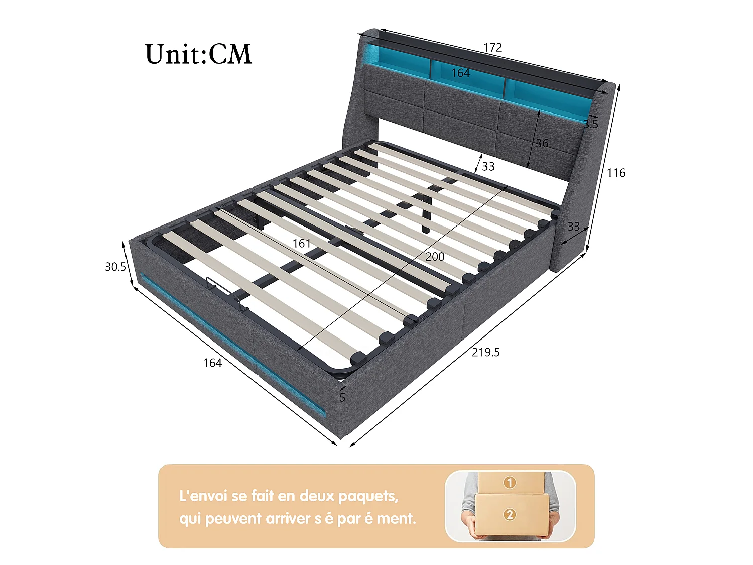 Cama tapizada de 160*200 cm con cargador Euro Gas Bar e iluminación LED, gris, lino