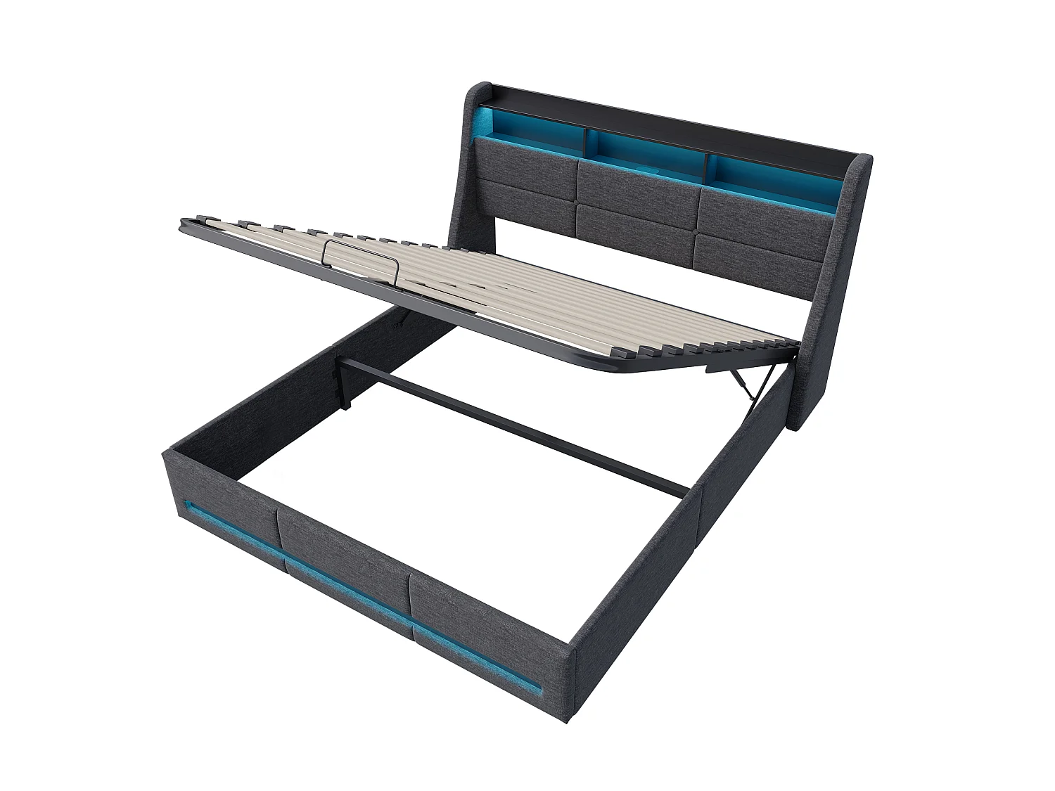 Cama tapizada de 160*200 cm con cargador Euro Gas Bar e iluminación LED, gris, lino