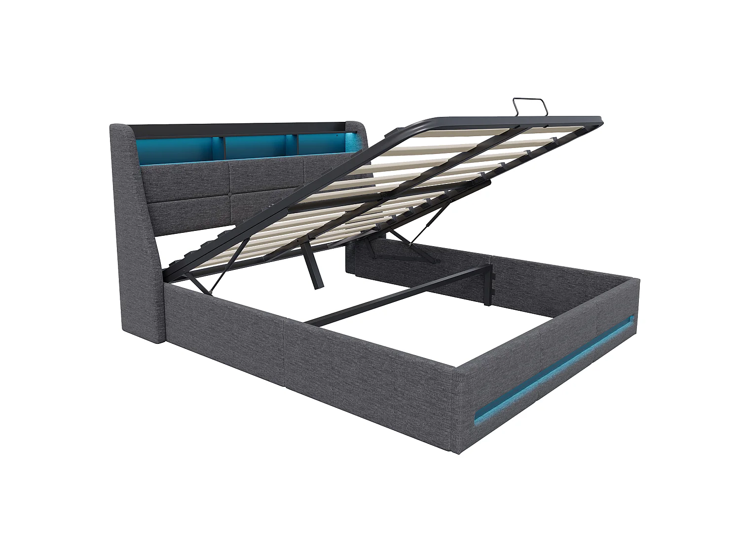 Cama tapizada de 160*200 cm con cargador Euro Gas Bar e iluminación LED, gris, lino