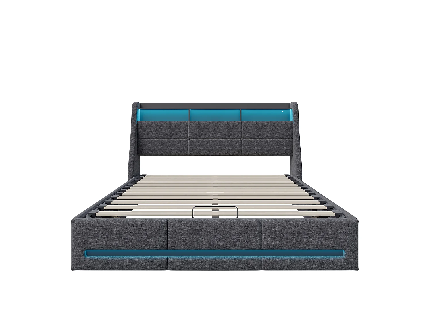 Cama tapizada de 160*200 cm con cargador Euro Gas Bar e iluminación LED, gris, lino