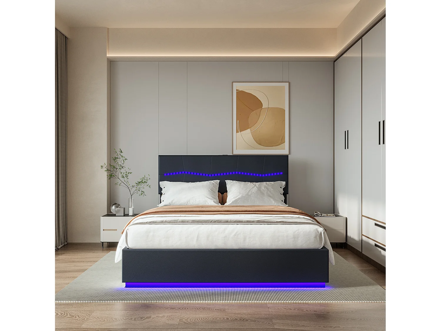 Letto contenitore 140*200cm, letto matrimoniale gonfiabile Euro, dotato di LED colorati, nero, PU