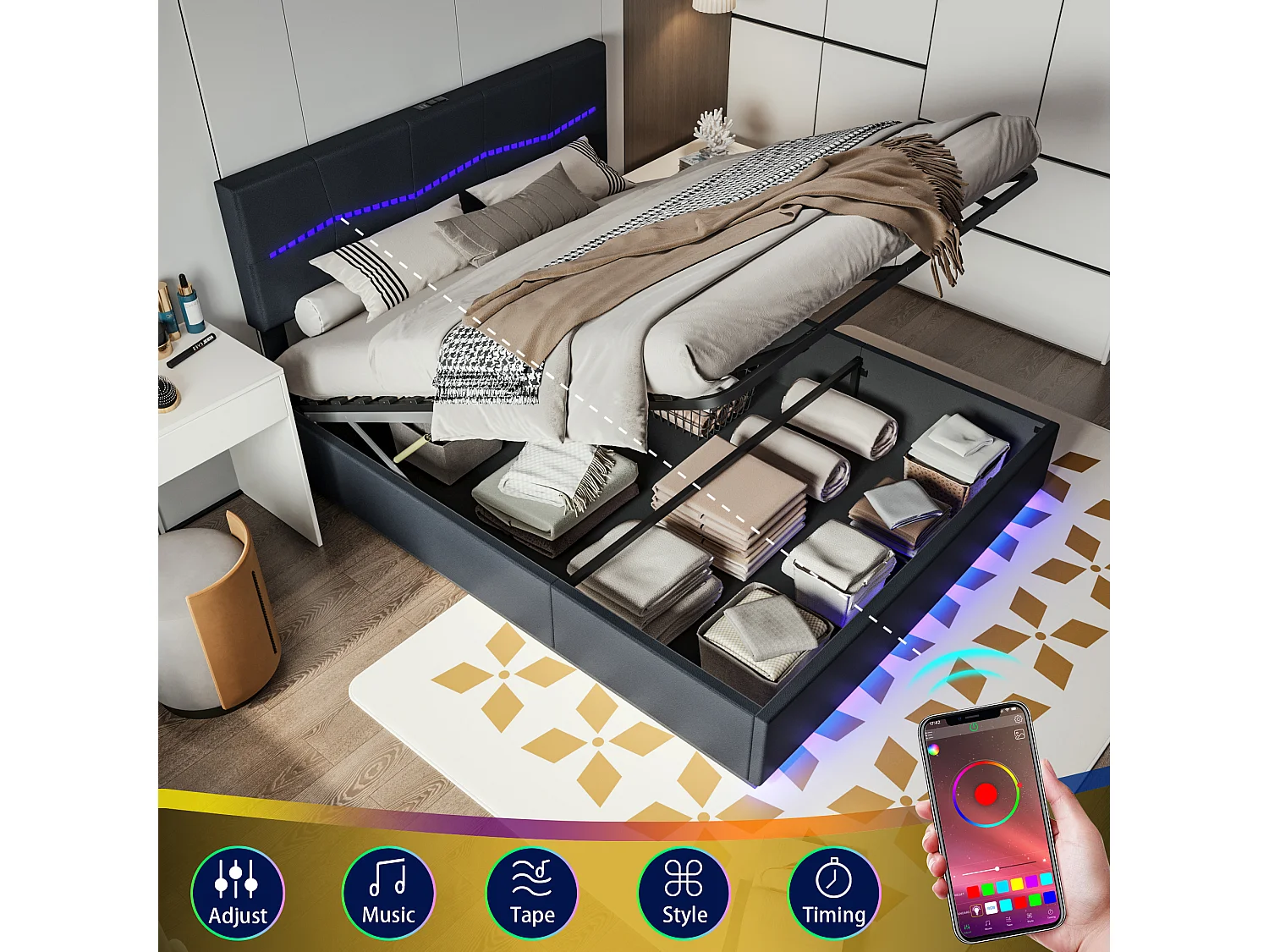 Letto contenitore 140*200cm, letto matrimoniale gonfiabile Euro, dotato di LED colorati, nero, PU