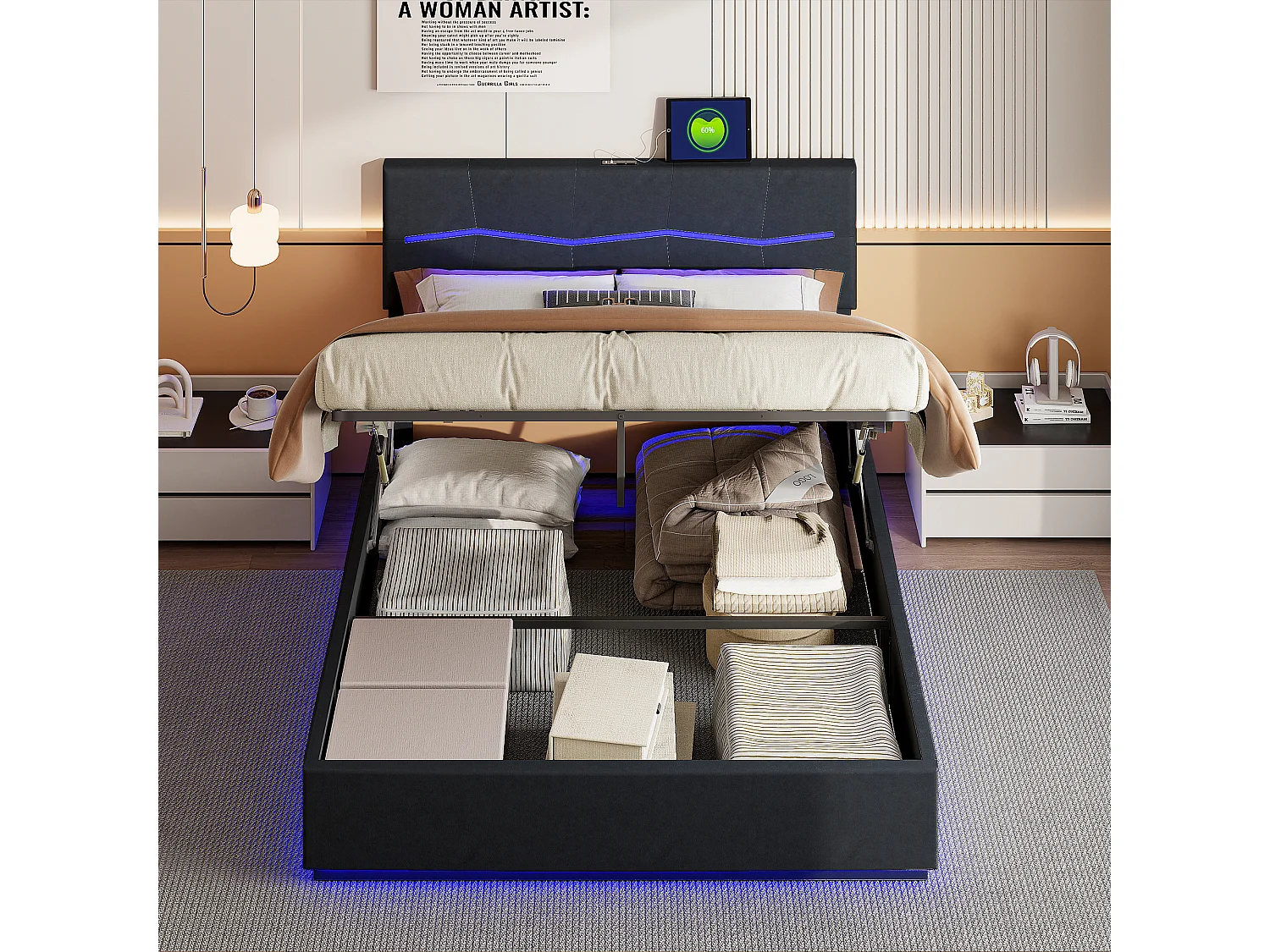 Cama plegable 140*200cm, cama hinchable doble europea, equipada con LED de colores, color negro, PU