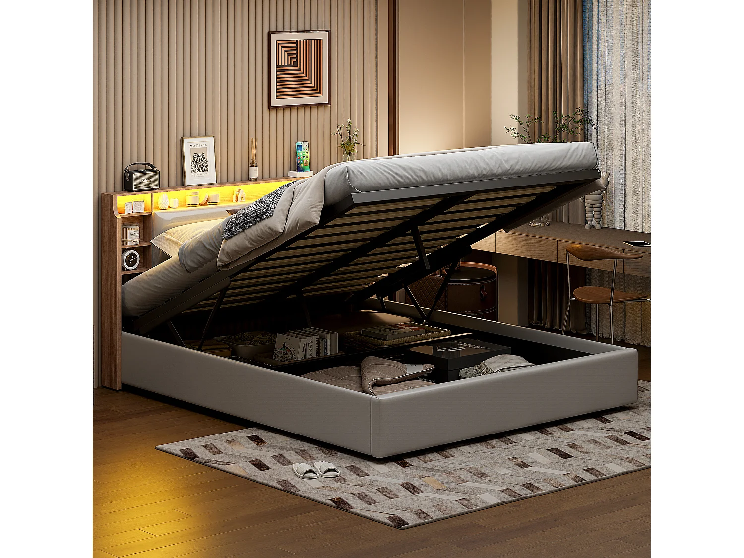 140*200cm, lit gonflable, compartiment de rangement, rangement pliable, pu, blanc